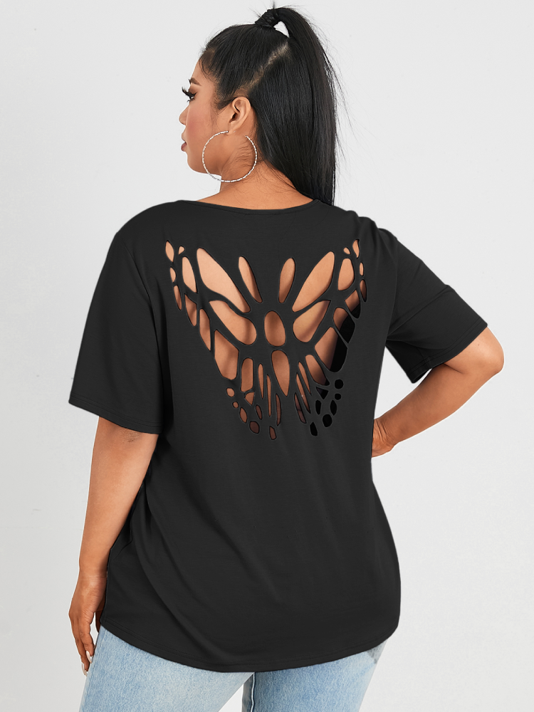 Butterfly Hollow Short Sleeve Plus Size Casual T-shirt