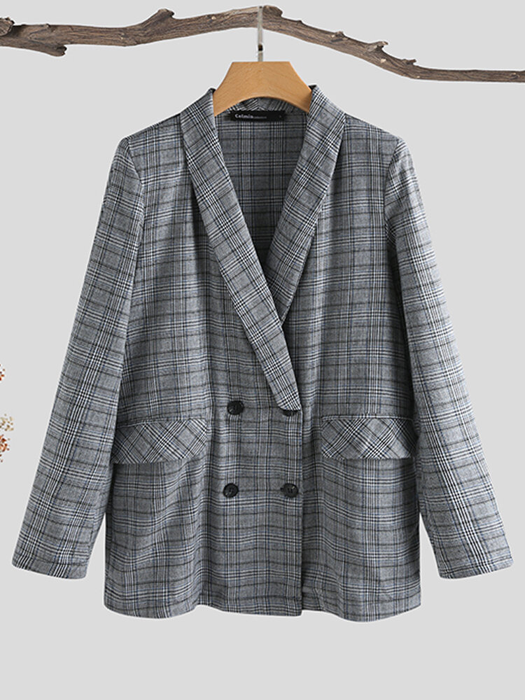 Plaid Print Button Pocket Blazer Long Sleeve Casual Jacket Coat for Women