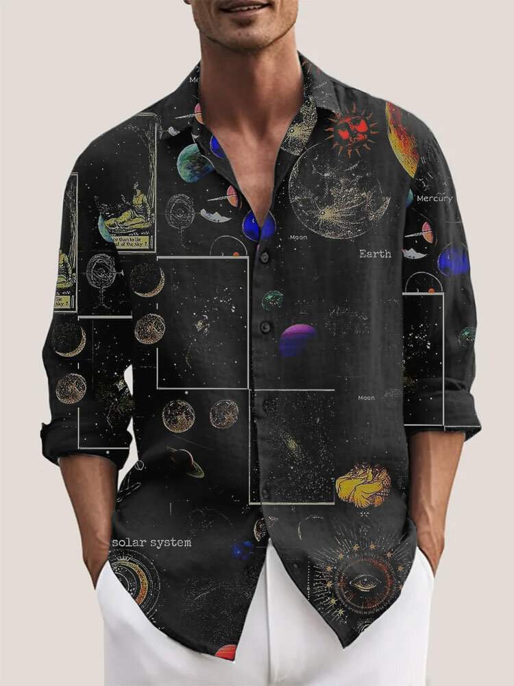 

Mens Galaxy Planet Print Lapel Casual Long Sleeve Shirts Winter, Black