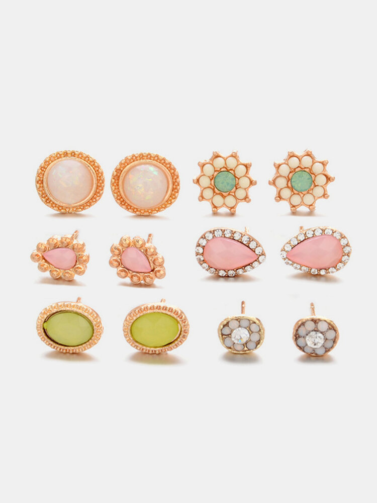 Orecchini a bottone con strass intarsio di perle geometriche vintage Set di orecchini a goccia d'acqua opale