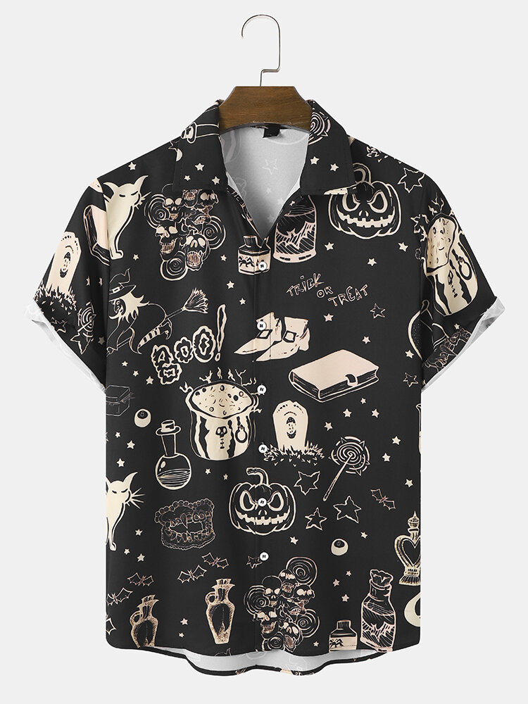 Mens Halloween Element Print Button Up Short Sleeve Shirts