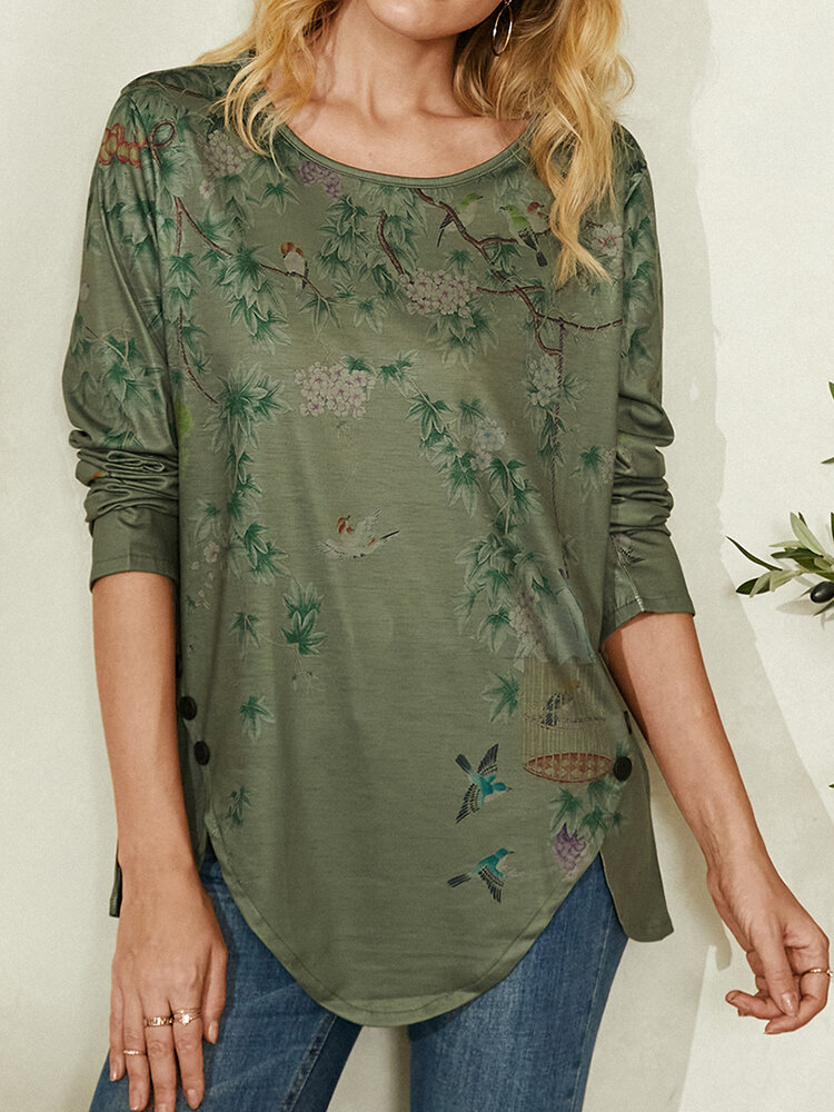Plants Print O-neck Long Sleeve Irregular Hem T-Shirt For Women