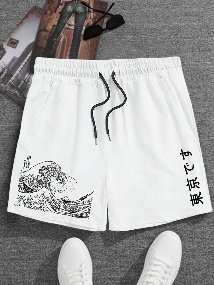 Mens Japanese Wave Ukiyoe Print Drawstring Waist Shorts