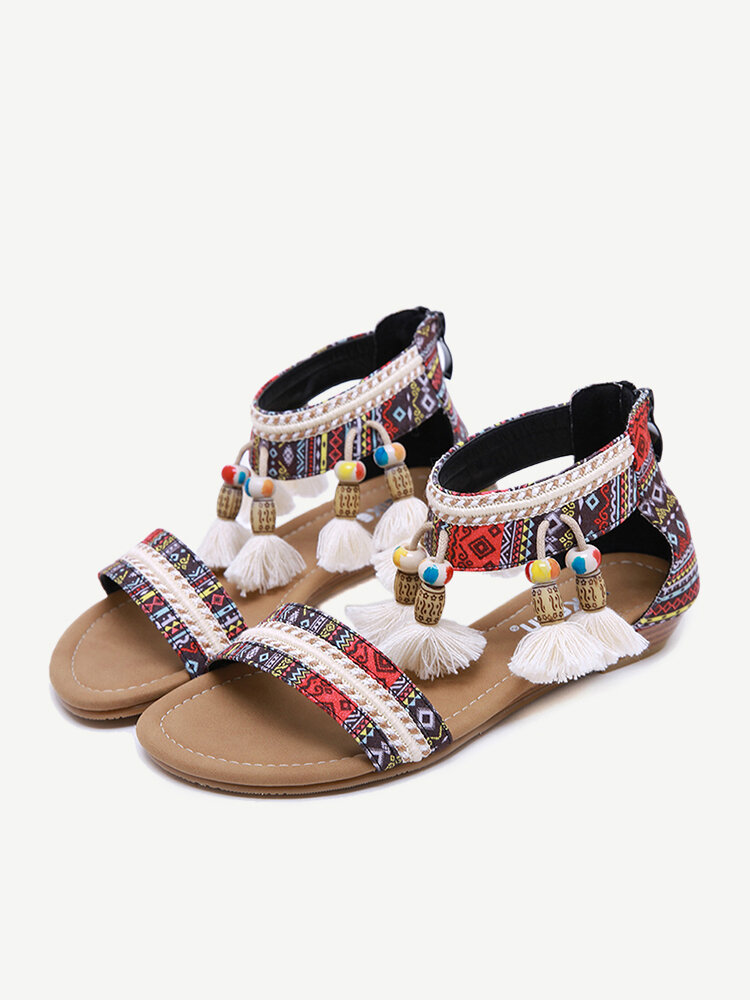 Plus Size Women Bohemia Casual Pattern Tassel Zipper Flat Sandals