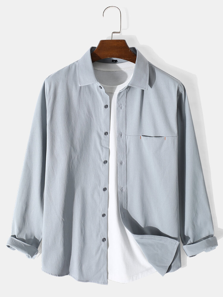 Mens Solid Color Pocket Button Up Shirt Long Sleeve Shirt