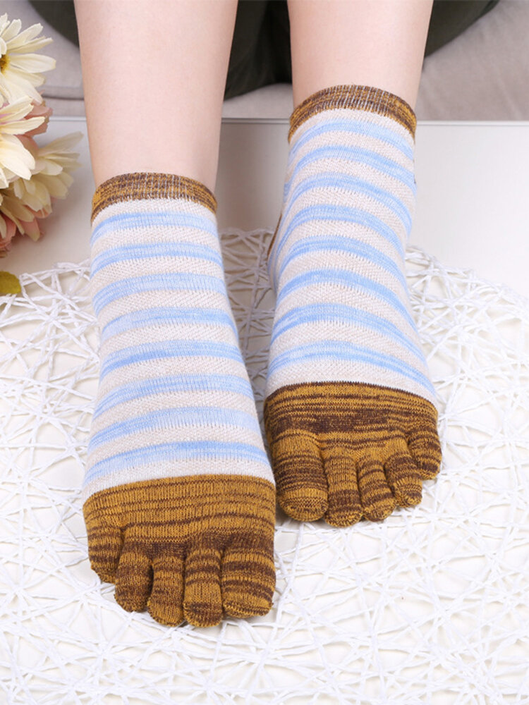 Women Warm Cotton Stripe Toe Socks Casual Soft Thick Breathable Soft Deodorant Combination Socks