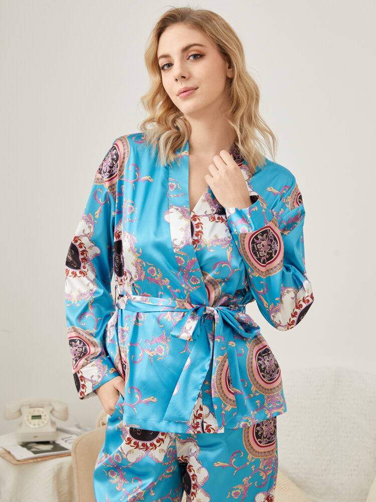 

Plus Size Women Allover Baroque Pattern Lace Up Kimono Home Pajamas Sets, Blue