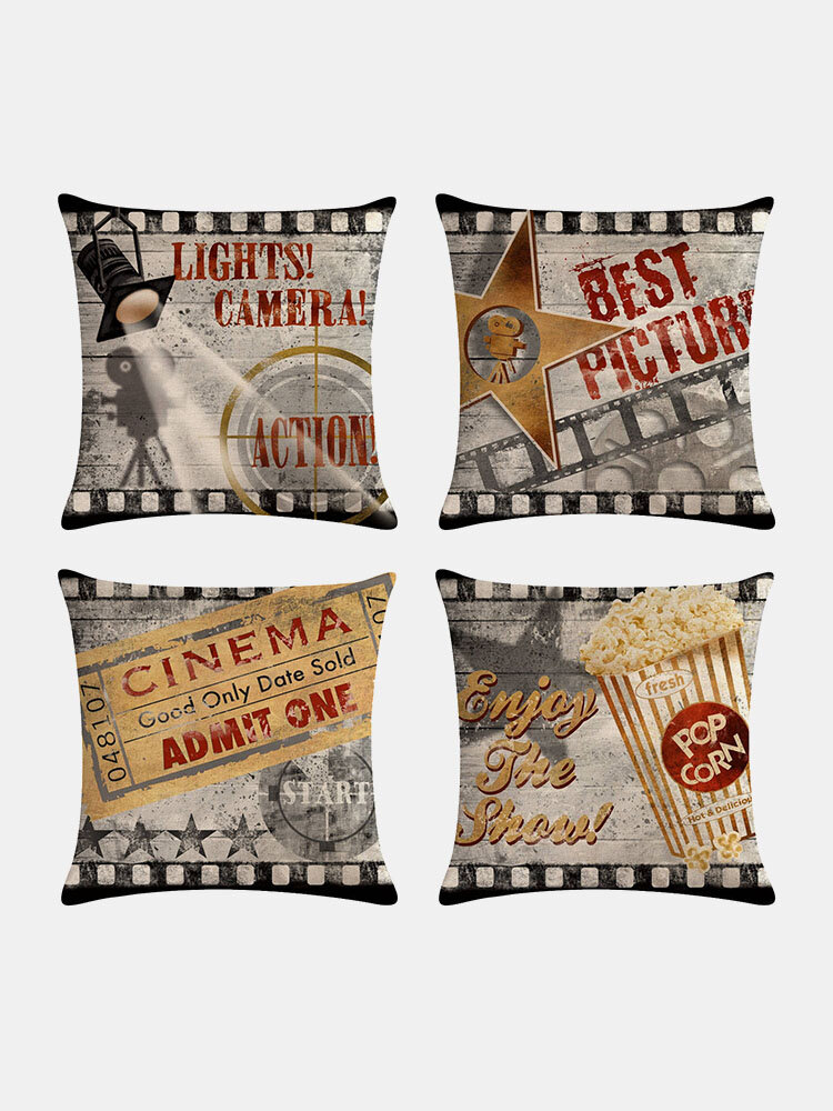 4 Pcs Vintage Retro Movie Projector Cinema Printed Linen Cushion Cover Home Sofa Decor Throw Pillow Cover Pillowcases от Newchic WW