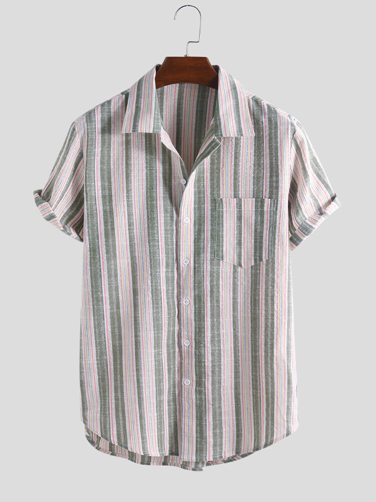 Mens Loose Fashion Striped Summer 100% Cotton Short Sleeve Casual Shirt