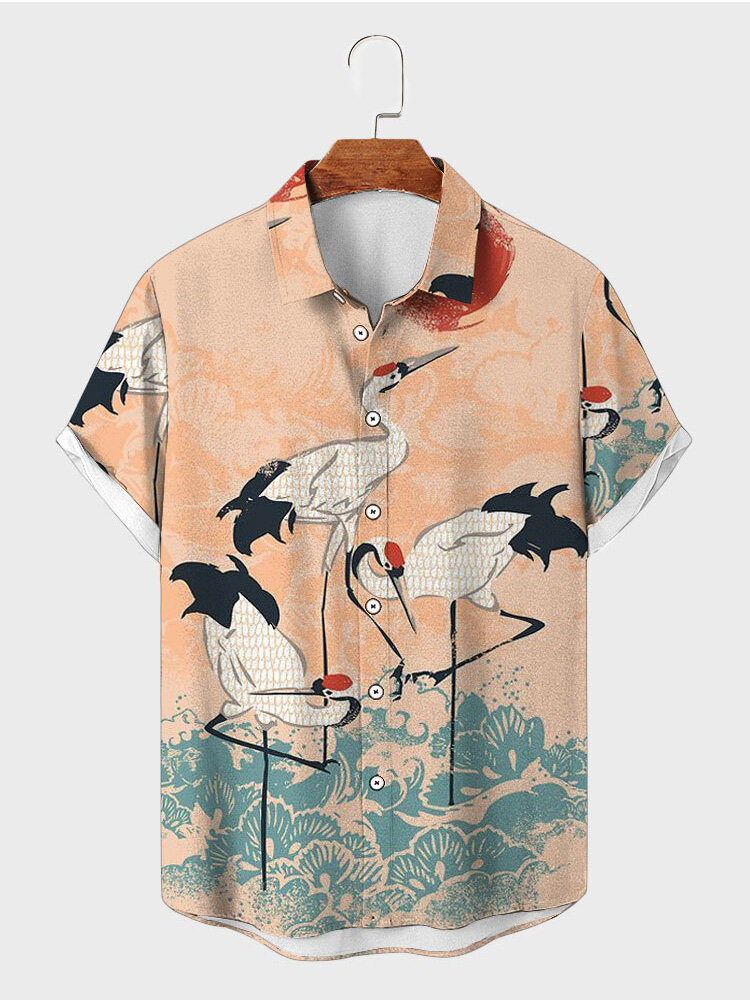 Mens Chinese Crane Print Lapel Button Up Short Sleeve Shirts Winter