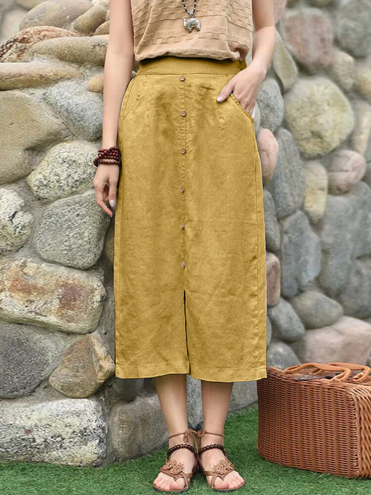 

Women Solid Slit Hem Pocket Button Deco Skirt, Yellow;brown