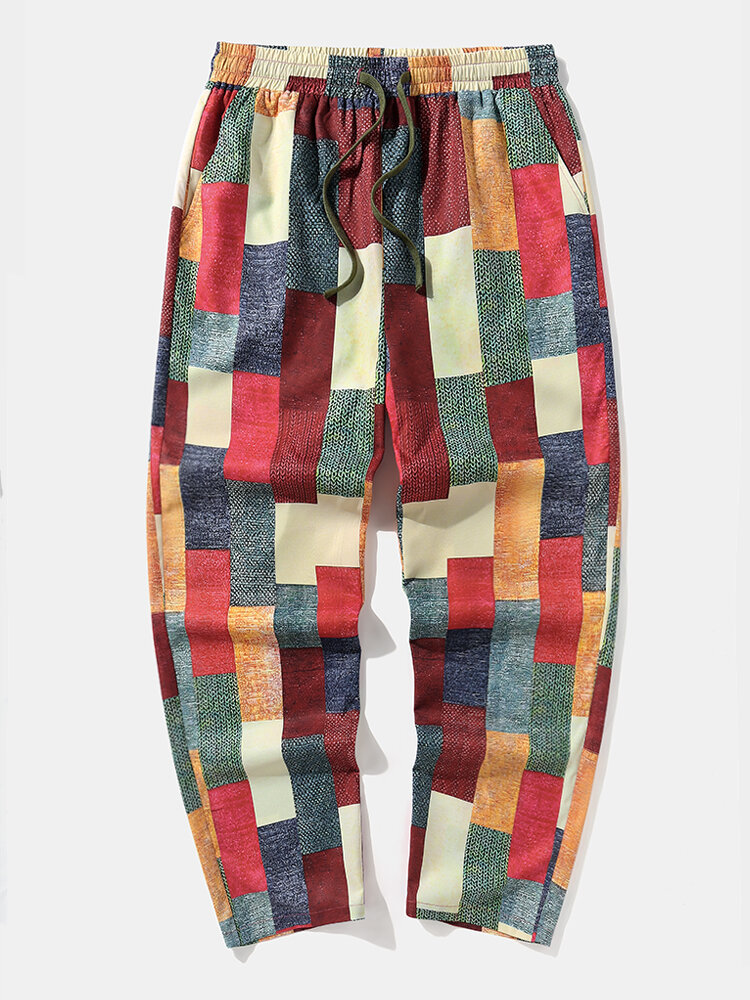 Pantalon droit en patchwork de blocs de couleurs pour hommes avec cordon de serrage à la taille