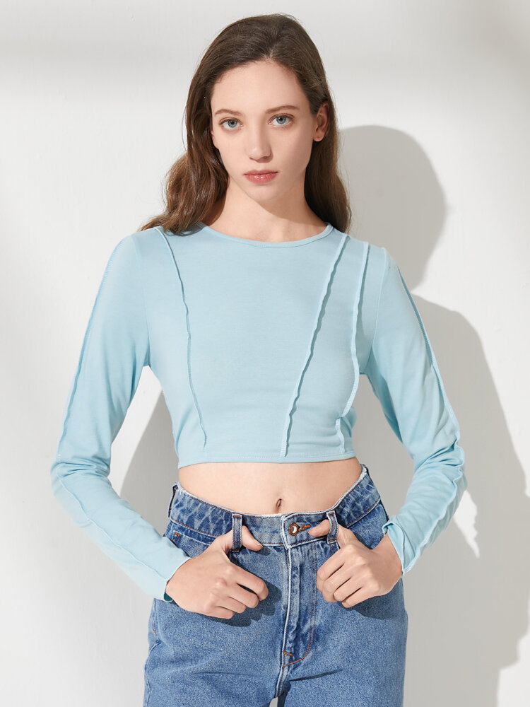 Solid Backless Lace Up Long Sleeve Crop Top Women