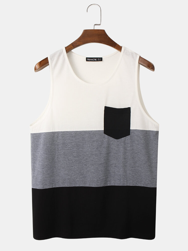 Mens Tricolor Splicing Sleeveless Preppy Tank Top With Chest Pocket