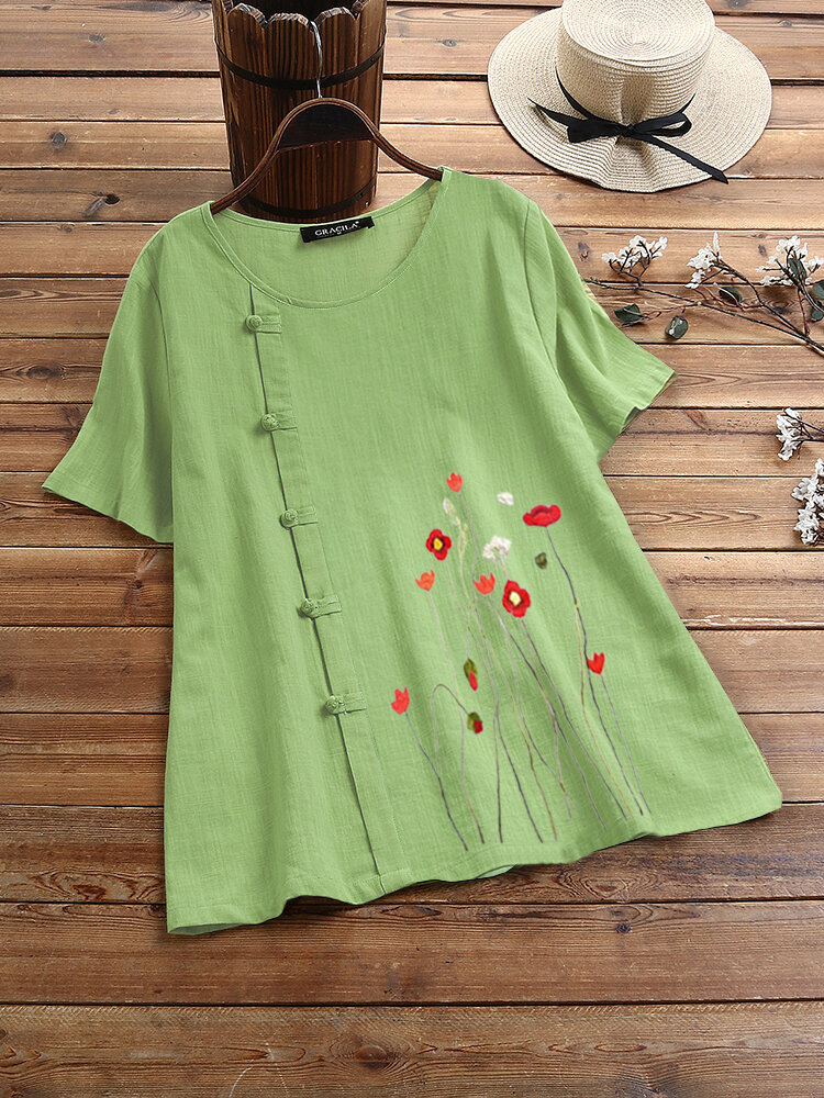Flower Embroidered Frog Button Short Sleeve T-shirt For Women