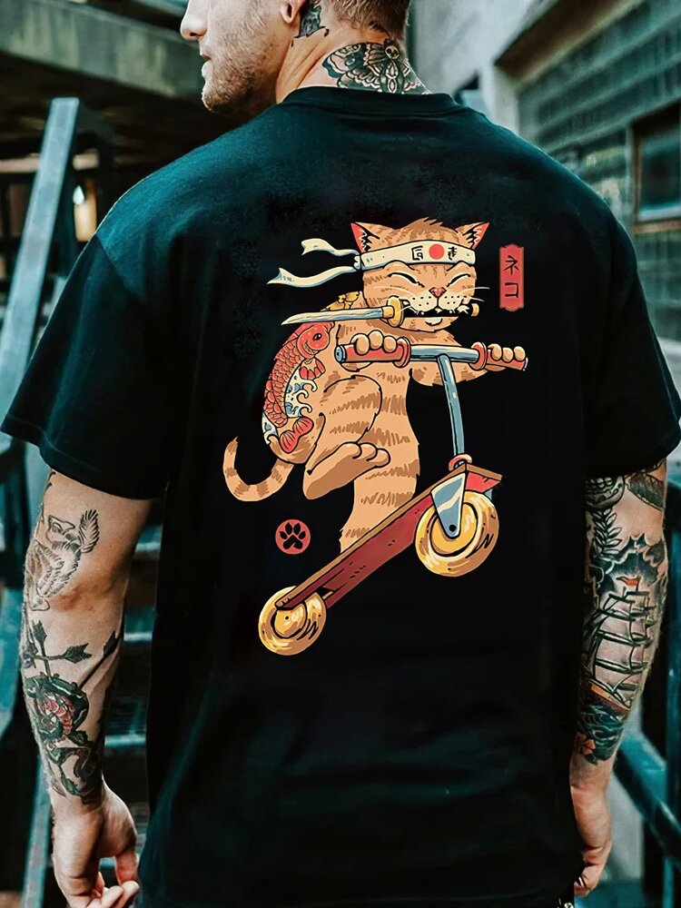 Mens Japanese Cat Scooter Back Print Crew Neck Short Sleeve T-Shirts Winter