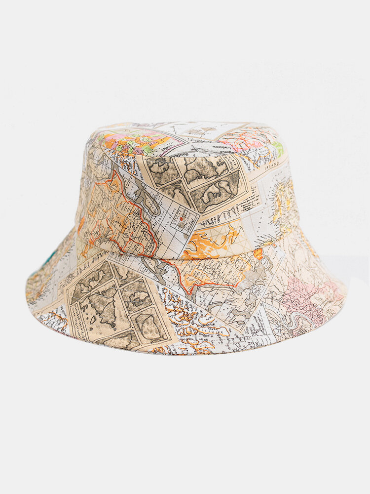Unisex Cotton Letters And Map Pattern Printing Fashion All-match Bucket Hat