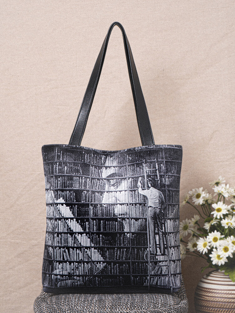 Women Figure Books Shelf Pattern Print Shoulder Bag Handbag Tote
