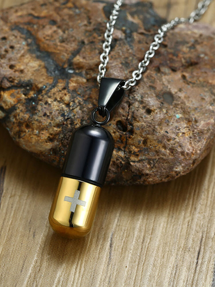 1 Pcs Casual Pill Pendant Perfume Bottle Opening Detachable Laser Cross Titanium Steel Necklace