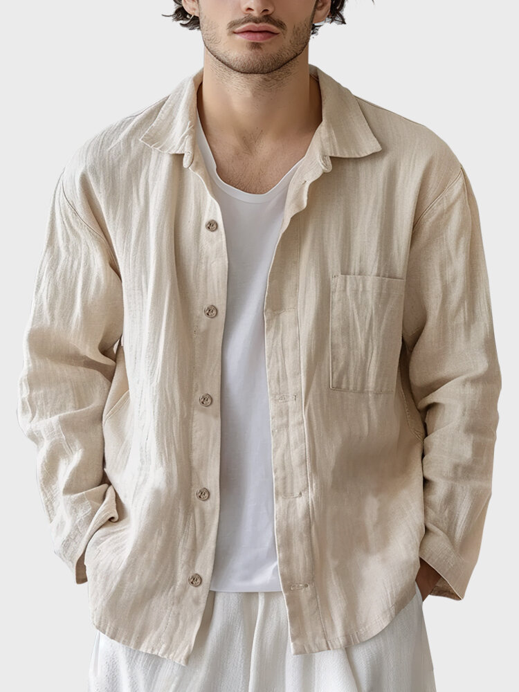 Camisas informales de manga larga con botones y bolsillo en el pecho liso para hombre