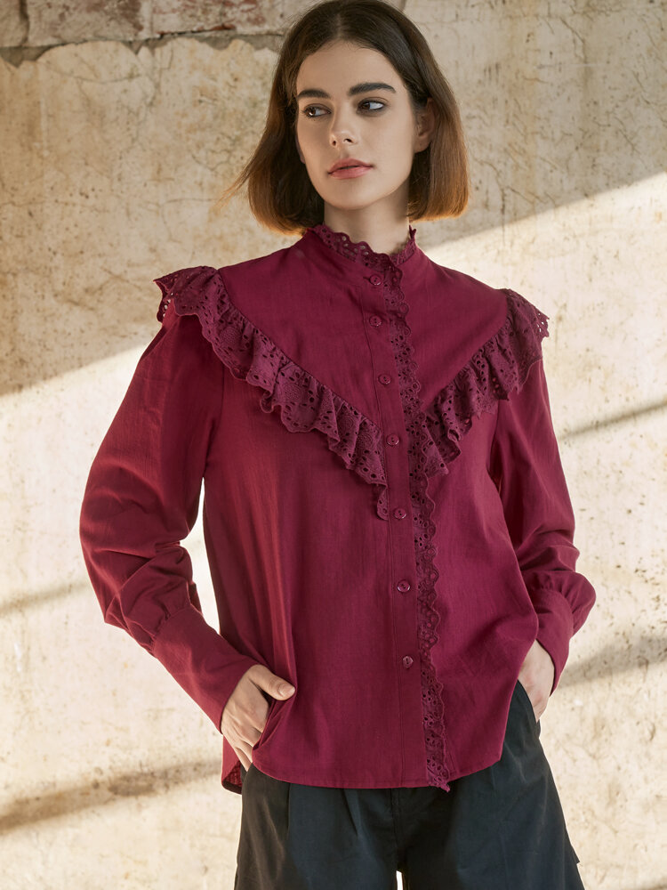Lace Ruffle Button Front Solid Long Sleeve Blouse