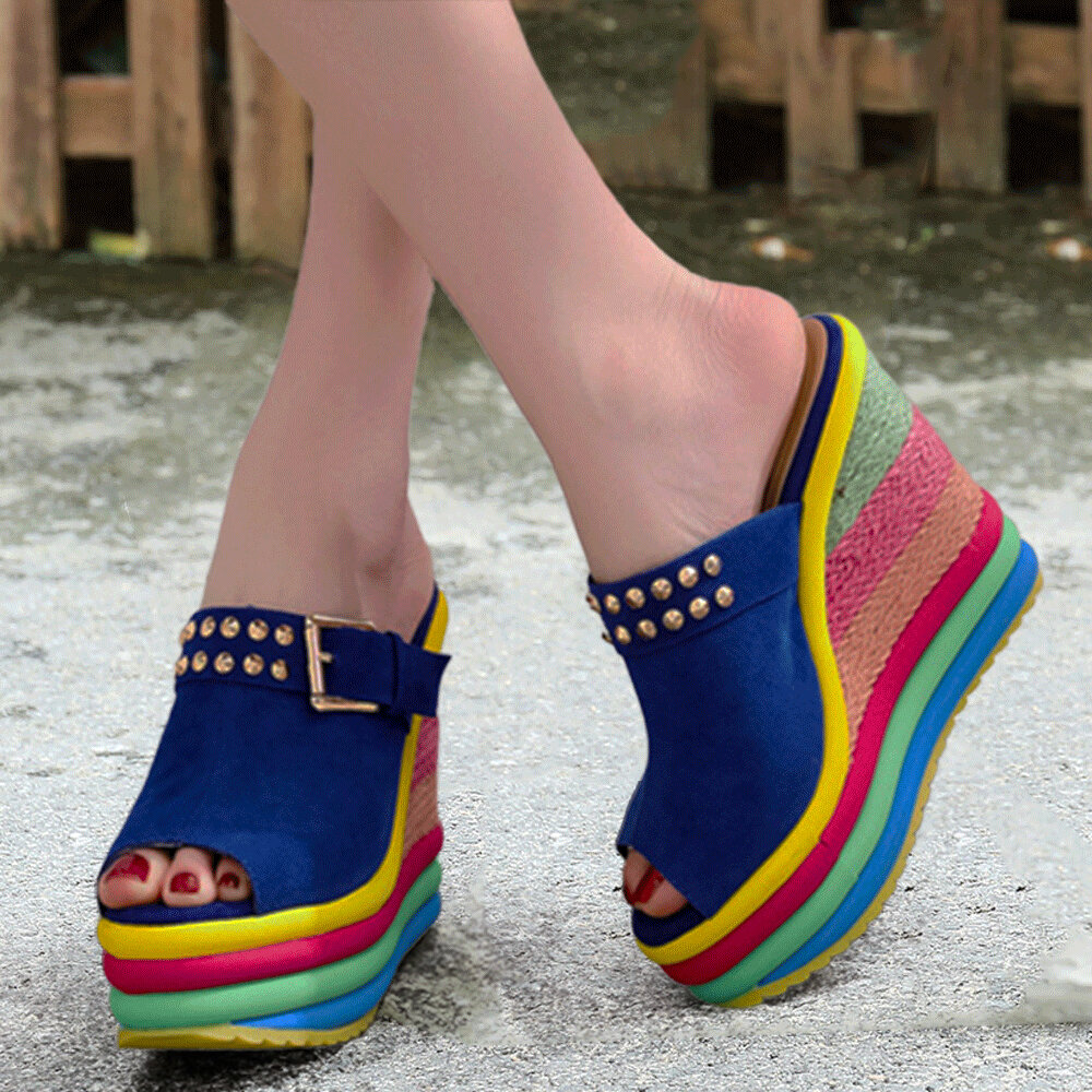 Women Rivet Peep Toe Straw Rainbow Platform Wedges Heel Slippers
