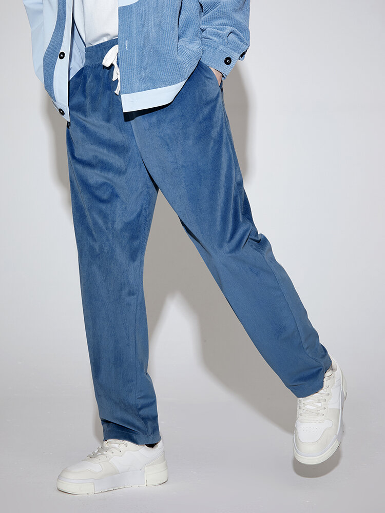 

Mens Corduroy Pure Color Basics Drawstring Straight Pants With Pocket, Blue