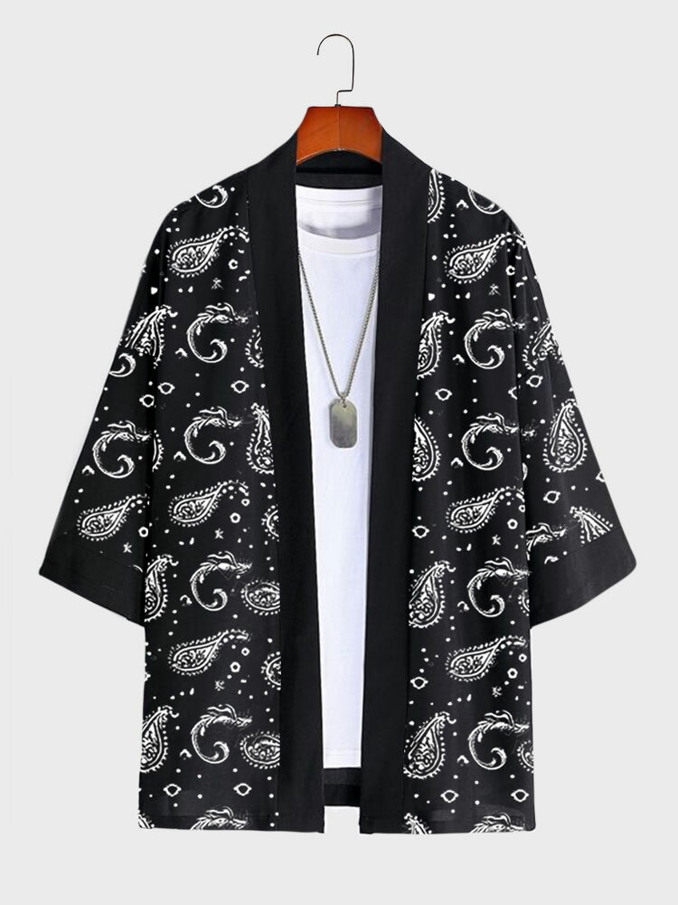 

Mens Ethnic Paisley Print Open Front Loose 3/4 Sleeve Kimono, Black