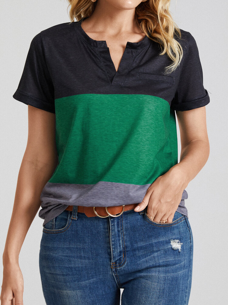 Contrast Color Notched Neck Pocket Patched Plus Size Casual T-shirt