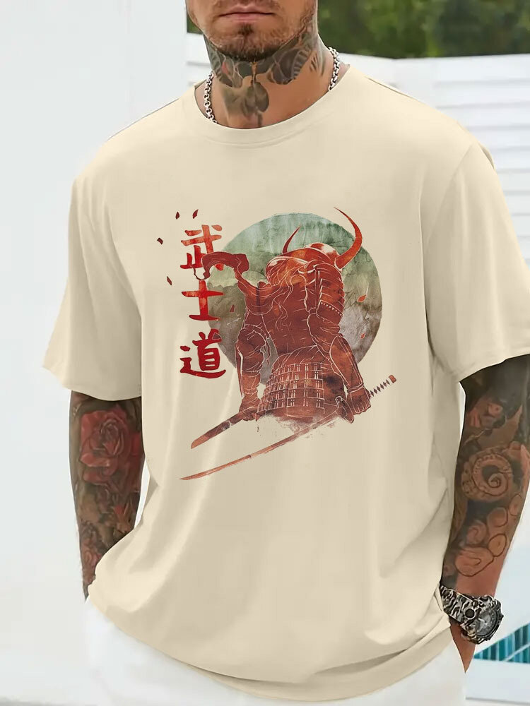 Mens Japanese Warrior Landscape Print Crew Neck Short Sleeve T-Shirts