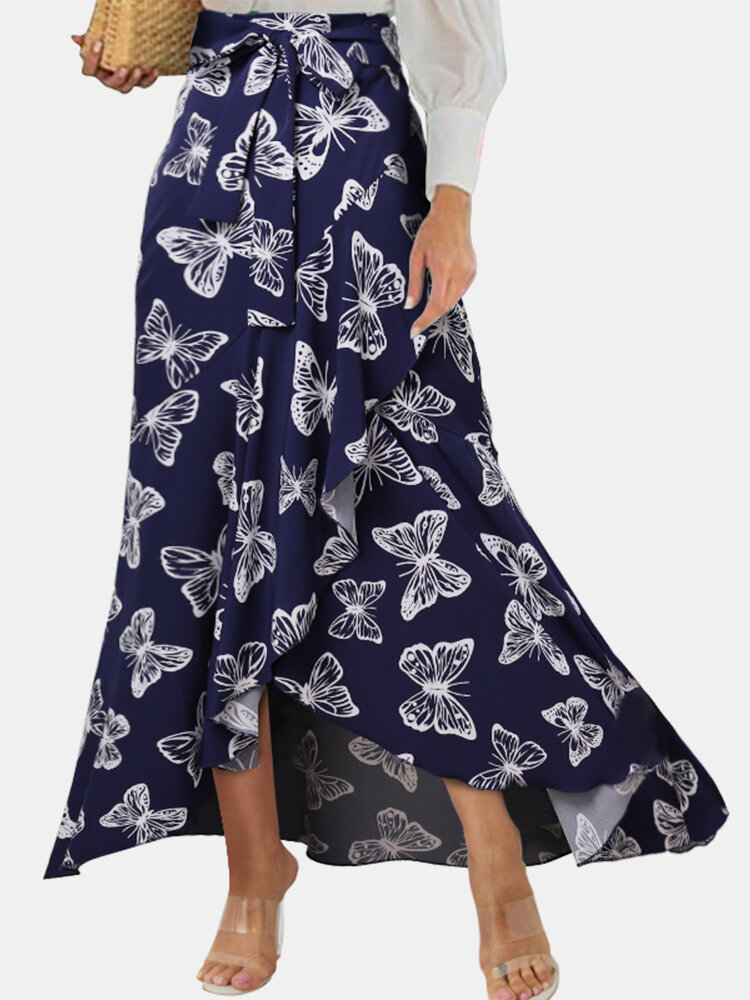 Butterfly Print Elastic Waist Ruffle Hem Mermaid Skirt