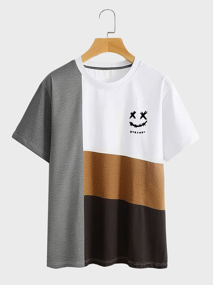 Mens Smile Print Solid Color Patchwork Short Sleeve Crew Neck T-Shirts