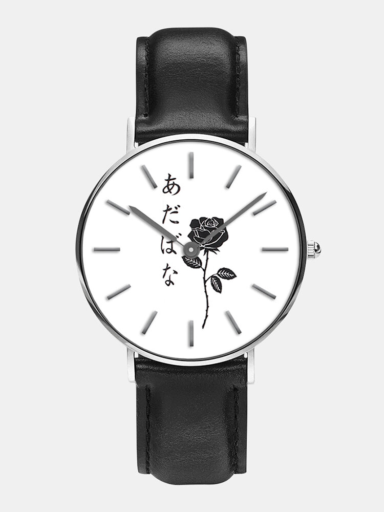 

2 Colors Alloy PU Men Vintage Rose Japanese Print Dial Watch Decorated Pointer Quartz Watch, White;black