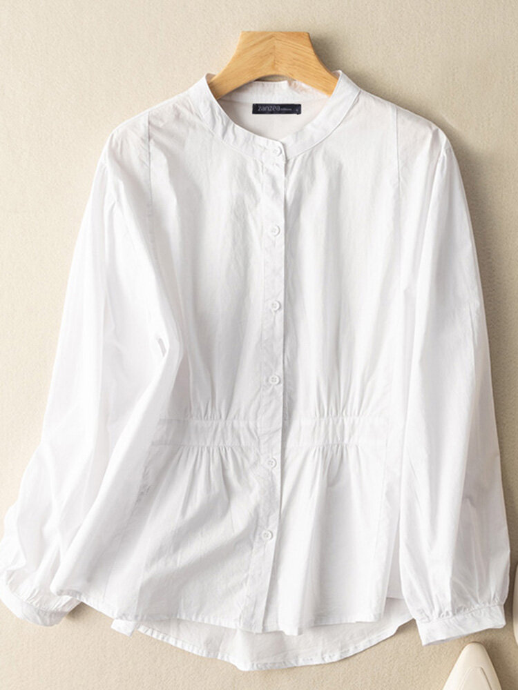 Solid Stand Collar Button Front Long Sleeve Blouse