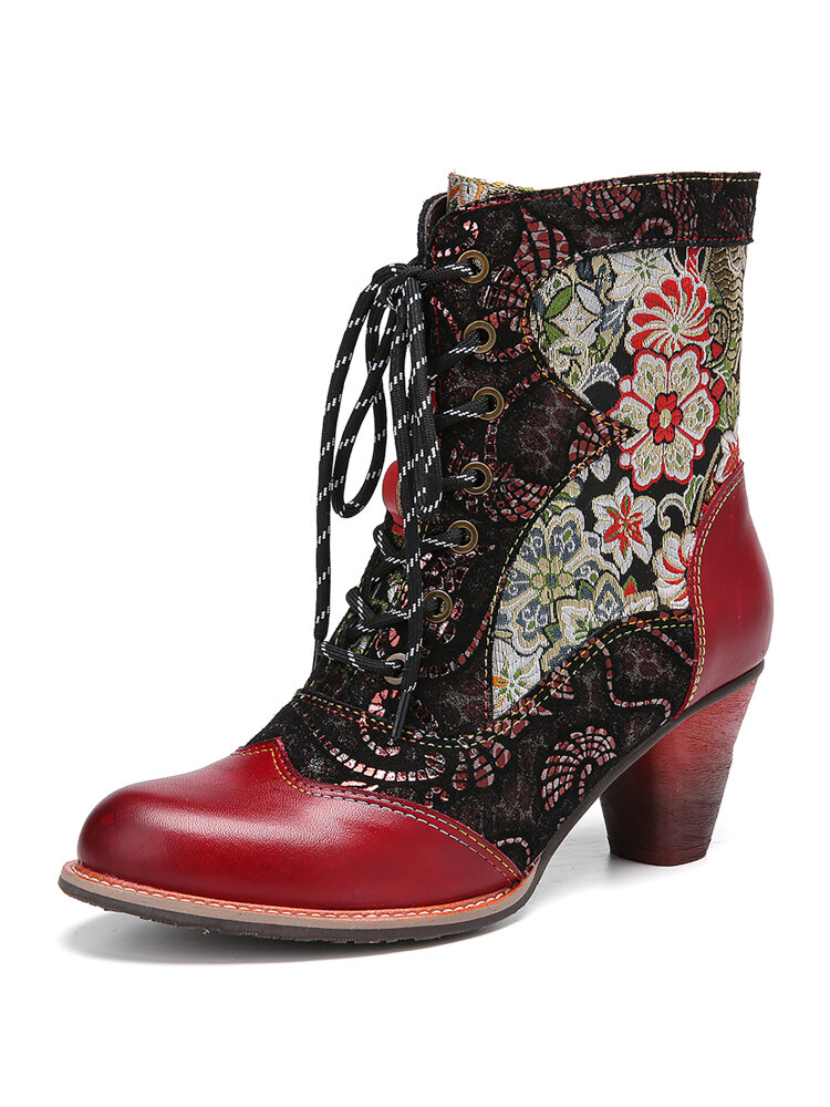 SOCOFY Retro Floral Embroidery Leather Splicing Lace-up Comfy Non Slip Size Zipper Short Boots