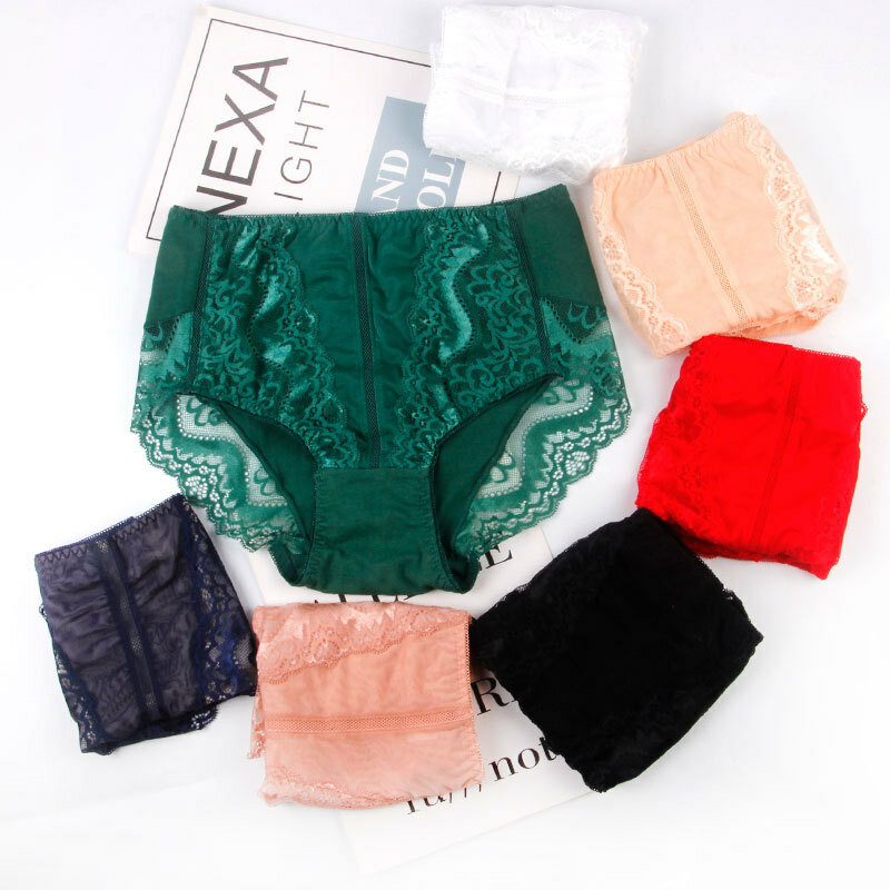 

Plus Size Hip Lifting Lace Breathable Full Hip Mid Rise Panties, White;black;nude;blackish green;beige;navy;red