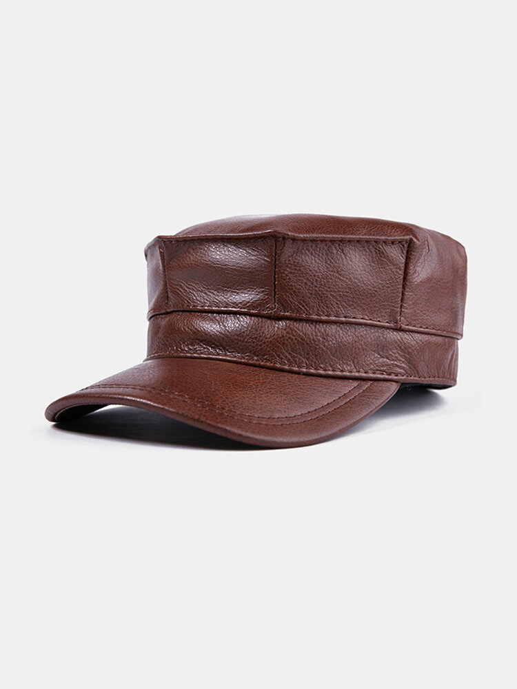 Leather Octagonal Hats Men's Flat Cap Fashion Warm Military Cap Earmuffs Caps