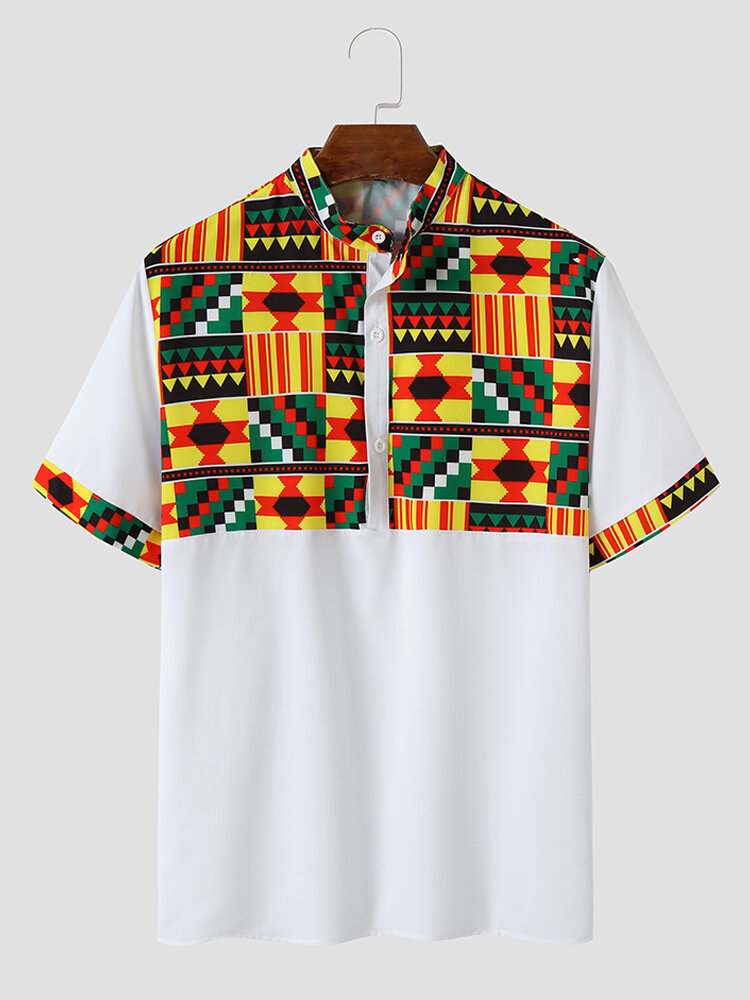 Mens Colorful Geometric Print Patchwork Ethnic Short Sleeve Henley Shirts