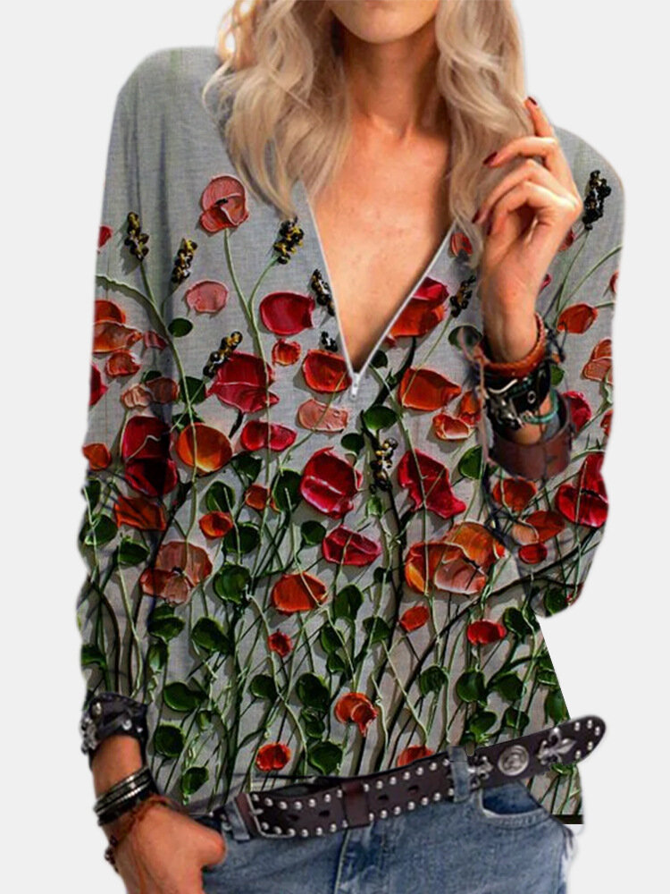 Casual Floral Printed Zipper Button Long Sleeve Shirt