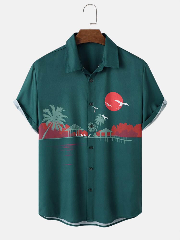 Mens Red Sun Coconut Tree Print Vacation Short Sleeve Shirts