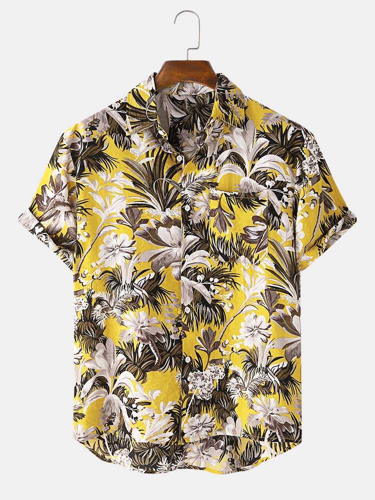 Mens Hawaiian Floral Printed Chest Pocket Short Sleeve Holiday Shirt