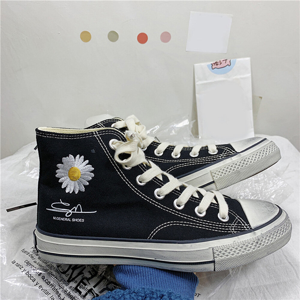 Women High-top Smearing Daisy Decor Solid Color Lace Up Flats Shoes