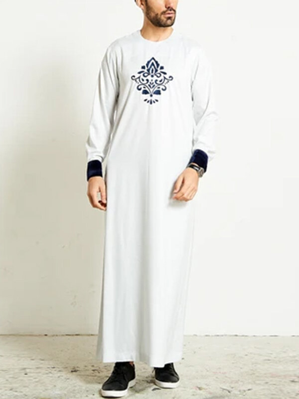 Plus Size Mens Print Contrast Cuff Zip Back Casual Long Sleeve Kaftan Robe