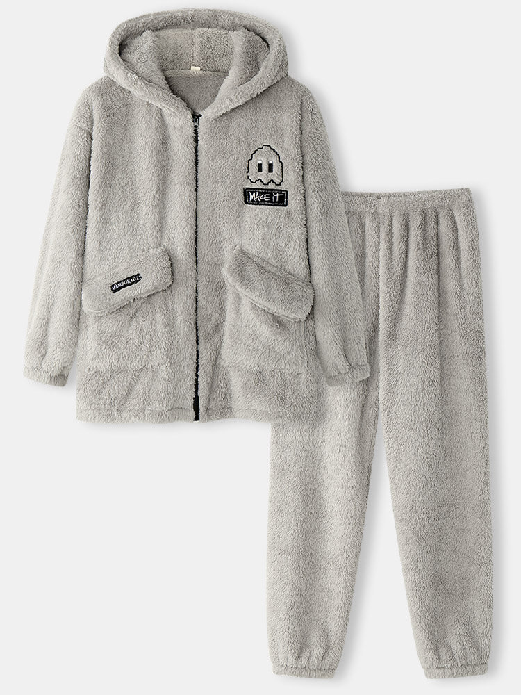 Mens Fluffy Plush Letter Embroidered Zip Cotton Cozy Loungewear Pajamas Sets