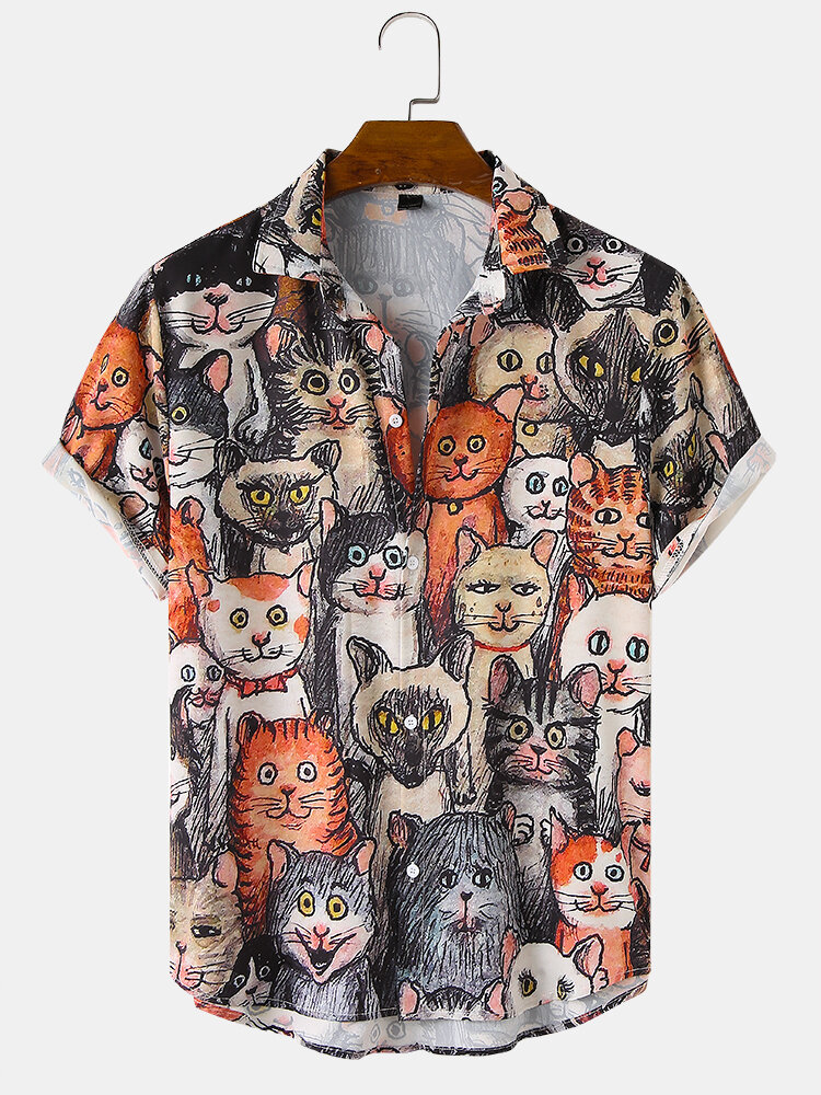 Mens Halloween Allover Funny Cat Print Casual Loose Fit Short Sleeve Shirts