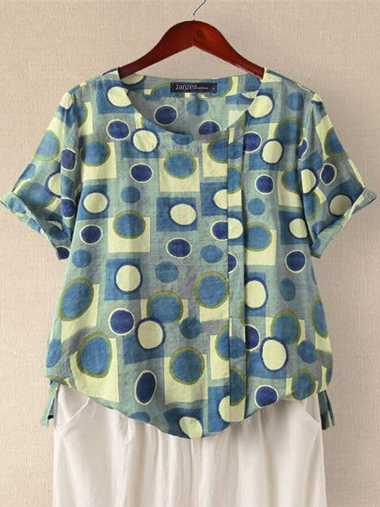 

Women Polka Dot Geometric Print Crew Neck Short Sleeve Blouse, Yellow;blue