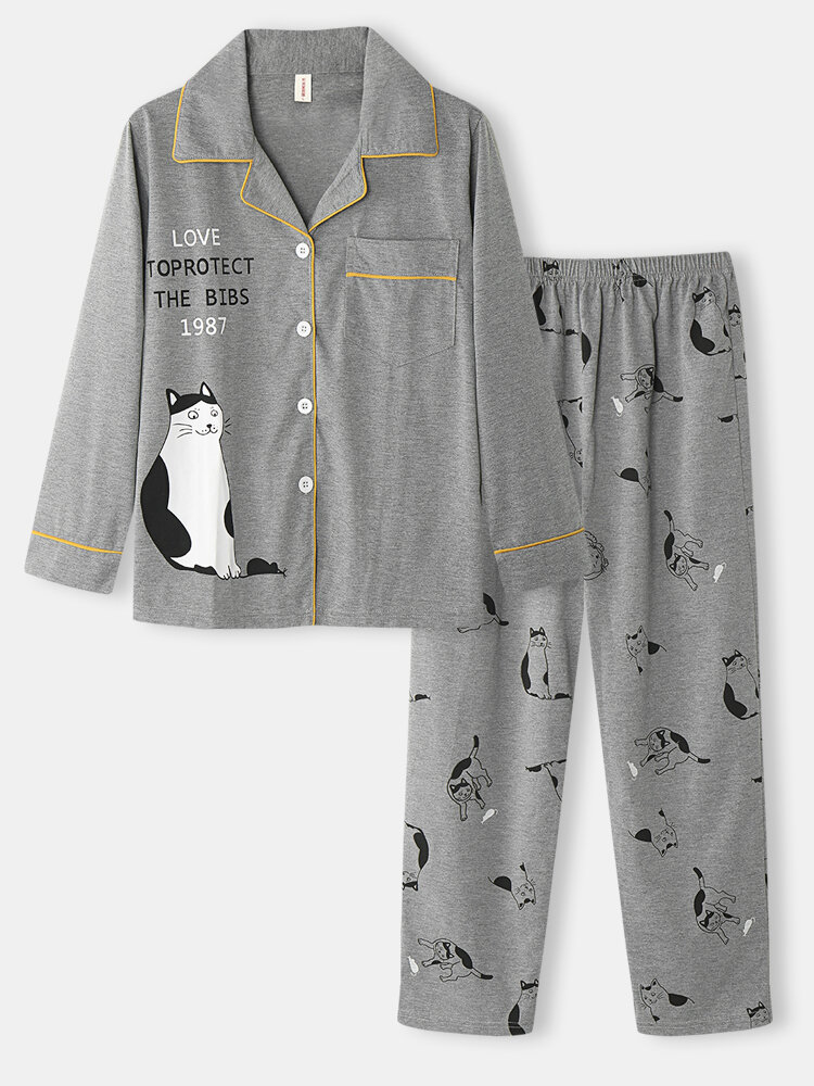 Plus Size Women Animal Letter Print Contrast Binding Cotton Loungewear Pajamas Sets, Gray;gray 1