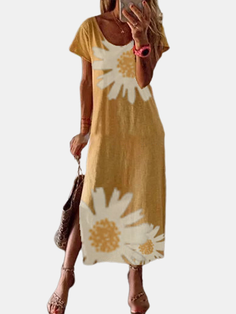 Flower Print Short Sleeve Splited Maxi Dress For Women