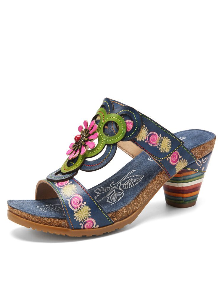 Socofy Genuine Leather Comfy Summer Vacation Bohemian Ethnic Floral Hook & Loop Mule Sandals