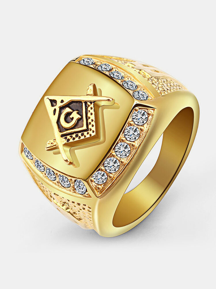 Trendy Gold Square Titanium Steel Ring Rhinestone Free-Mason Logo Punk Jewelry Rings for Men